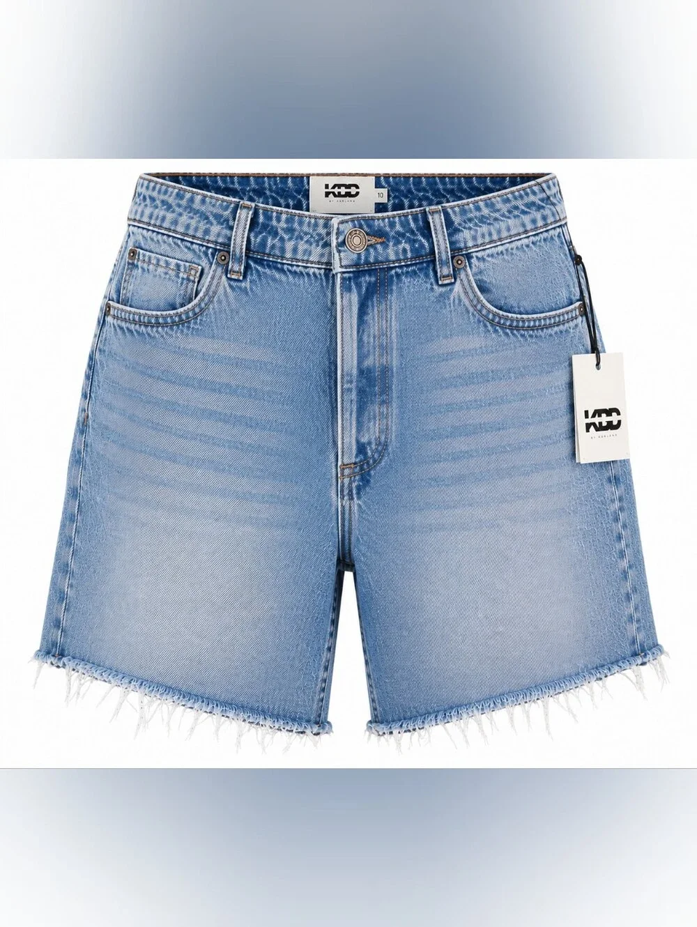 NWT KBB by Kahlana High Rise Long Bermuda Jort Denim Cutoff Shorts Light Wash 10